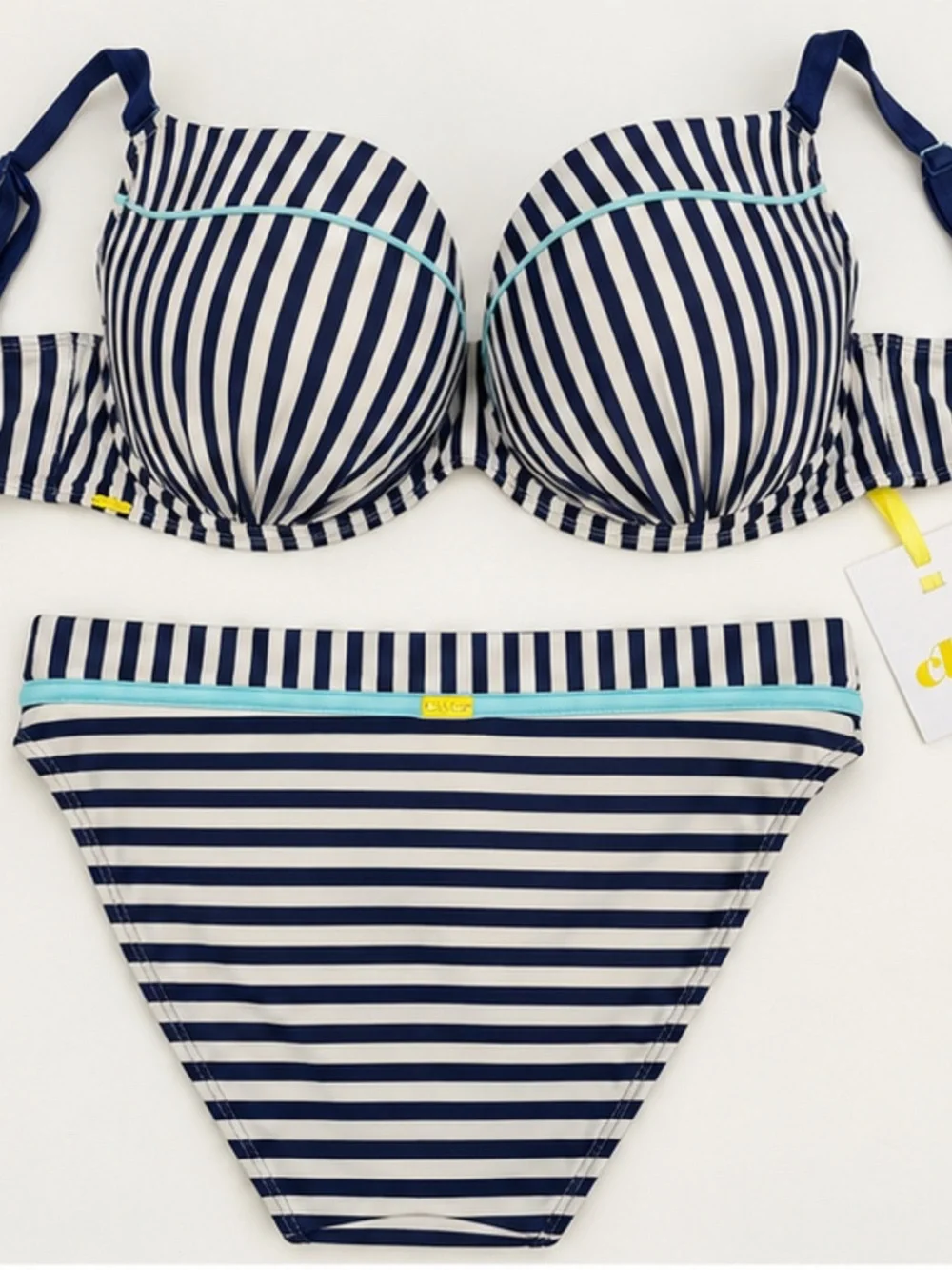 cleo beige bikini top with yellow trim
